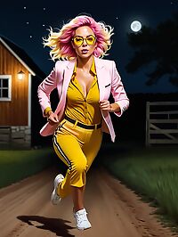 A woman in her 40s stands out in a yellow suit under moonlit darkness in a barn