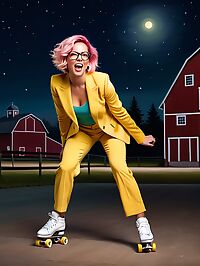 A woman in her 40s stands out in a yellow suit under moonlit darkness in a barn