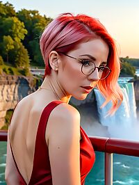 A stunning woman with pink inverted bobcut and blue squinty eyes stands near Niagara Falls morning glow