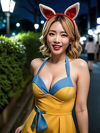 Adult woman in yellow dress with red highlights and huge breasts in Harajuku Tokyo at night