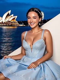 A curvaceous woman in a blue wedding dress seduces