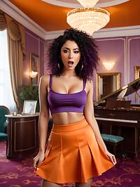 A sultry brunette in a purple crop top and orange microskirt dominates the banquet hall